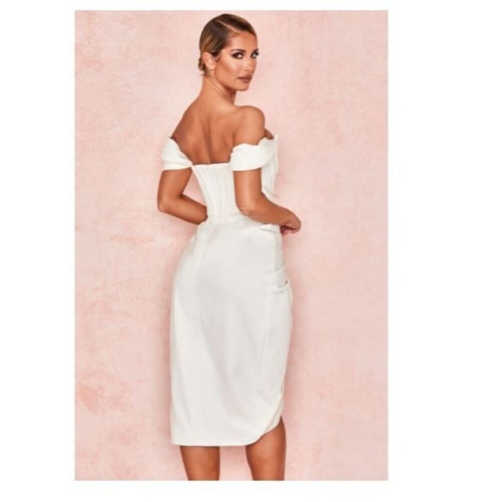 House of CB Loretta Ivory Satin Off Shoulder Corset Dress Size Medium - Picture 2 of 15